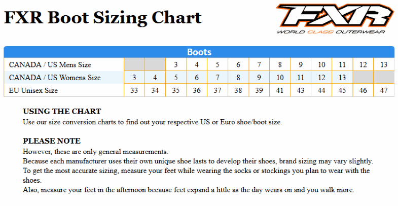 FXR Shoe/Boot Size Chart