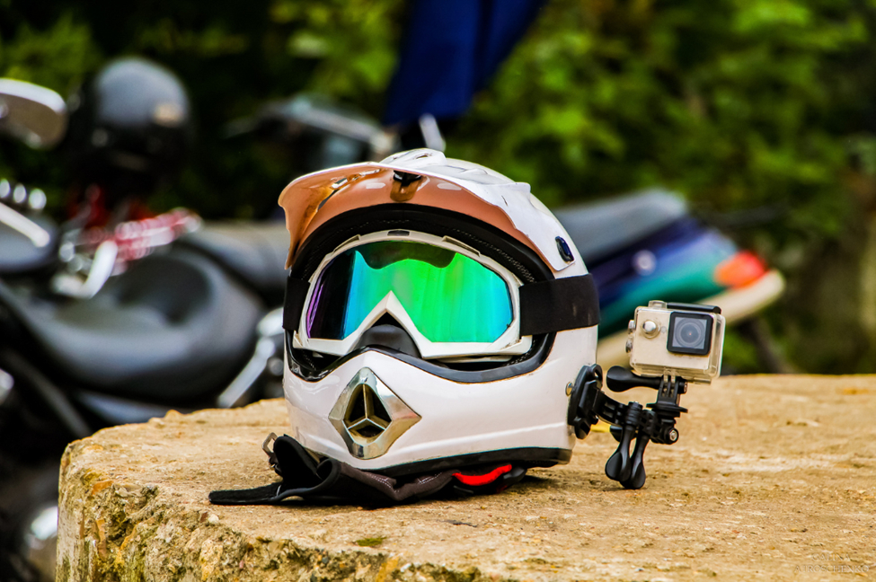Full face helmet with goggles and an action camera installed