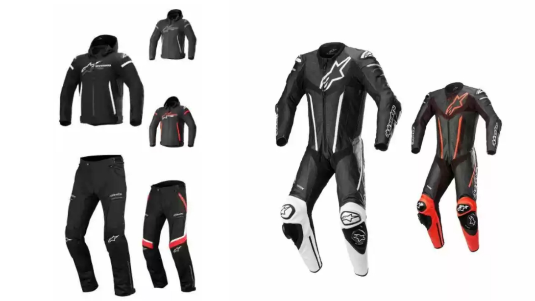 A variety of motorcycle jackets, pants, and suits