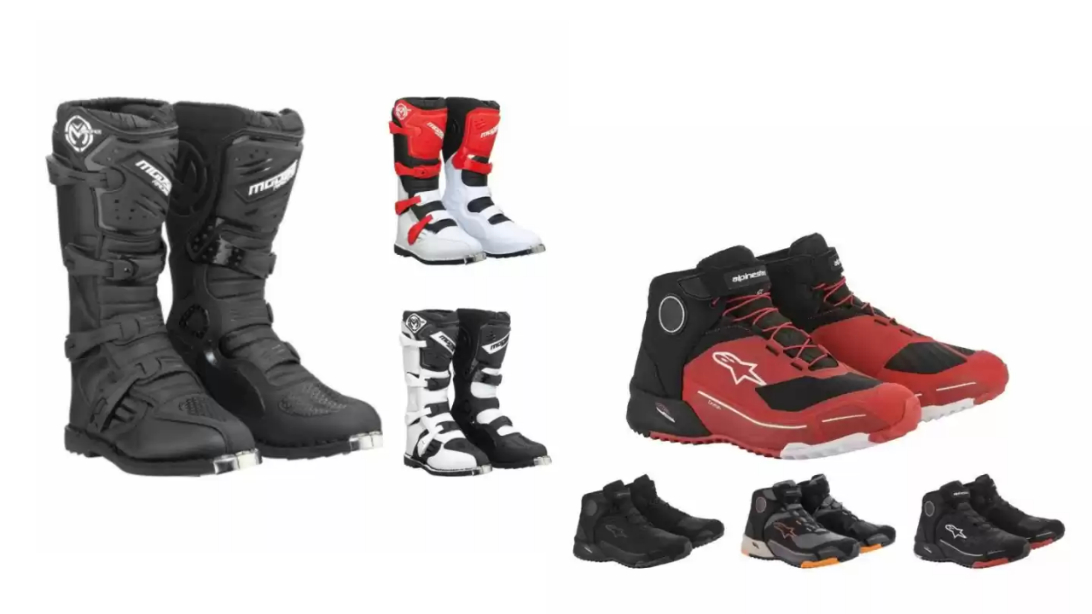 A variety of boots and shoes for motorcycle riding