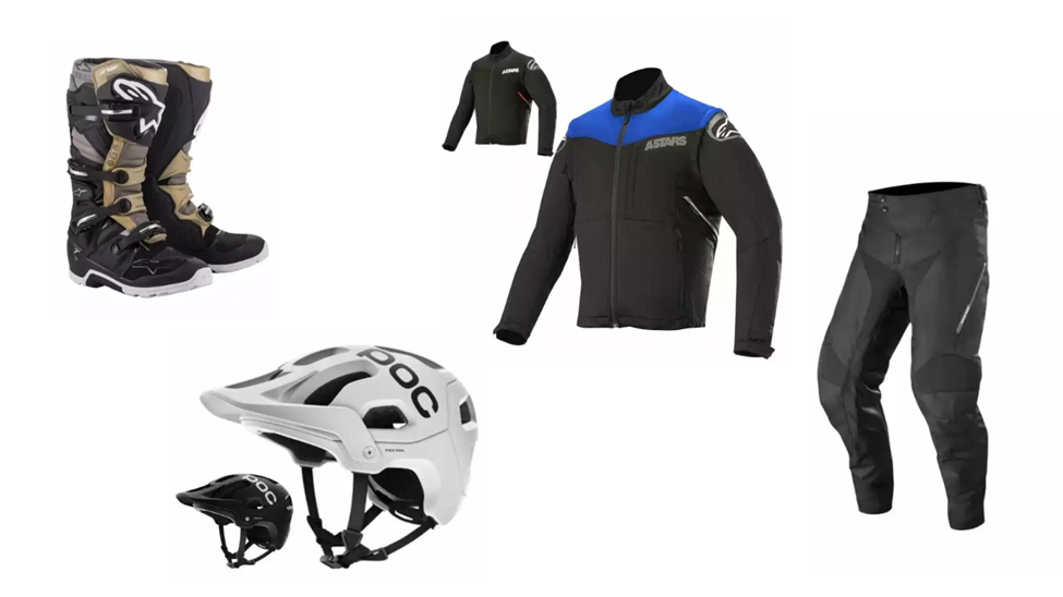A variety of enduro racing safety gear
